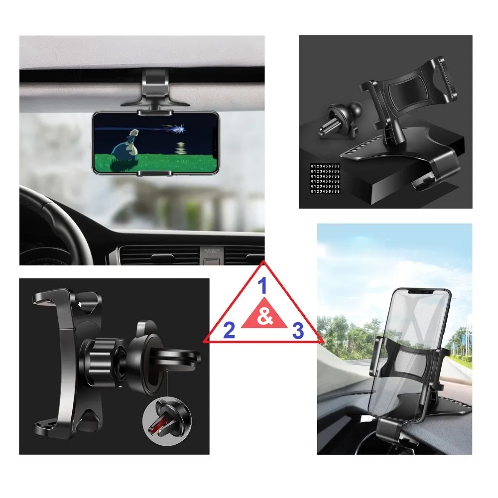 3 in 1 Car GPS Smartphone Holder: Dashboard / Visor Clamp   AC Grid Clip for Asus ZenFone Go Global ZB552KL (2016) - Black