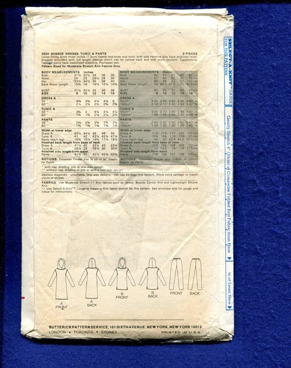 Butterick 3524 Misses Dress, Tunic, and Pants Vintage 1980's