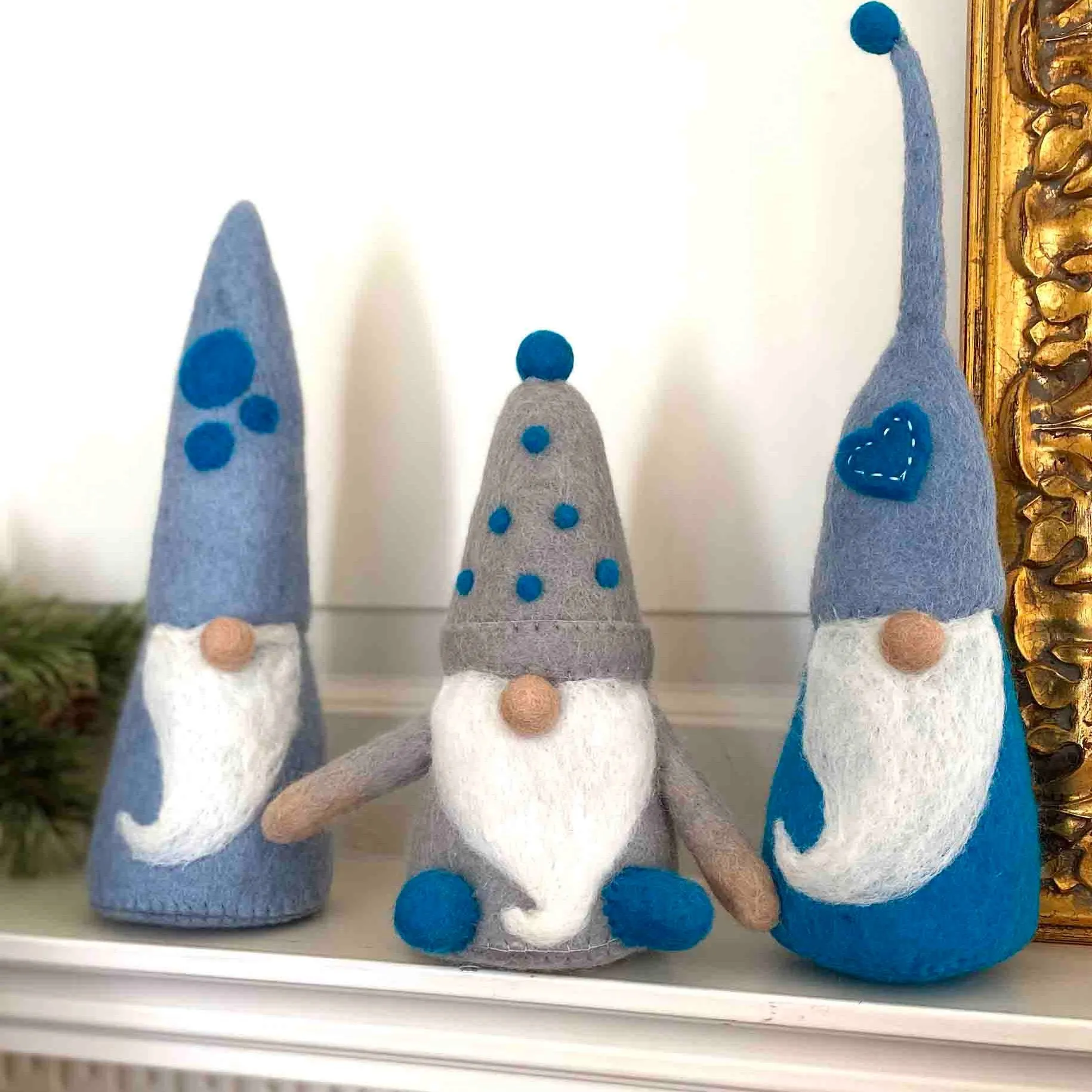 Handmade Set of 3 Winter Blues Felt Gnomes, Fair Trade, Nepal