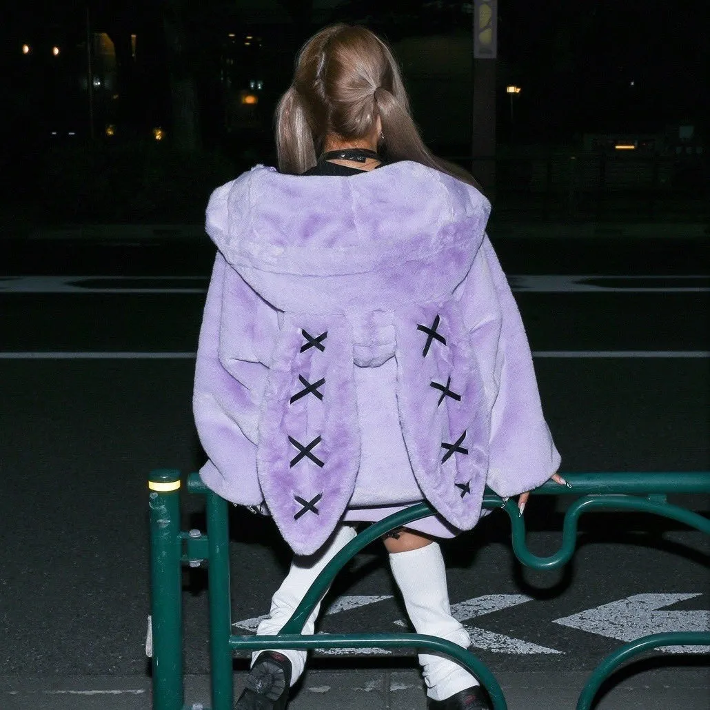 Harajuku Cross Rabbit Ears Faux Fur Plush Purple Black Coat Jacket