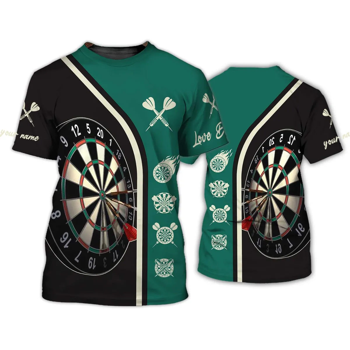 Personalized Name Black and Green Dartboard 3D Long Sleeve, Dart Shirt Lovers