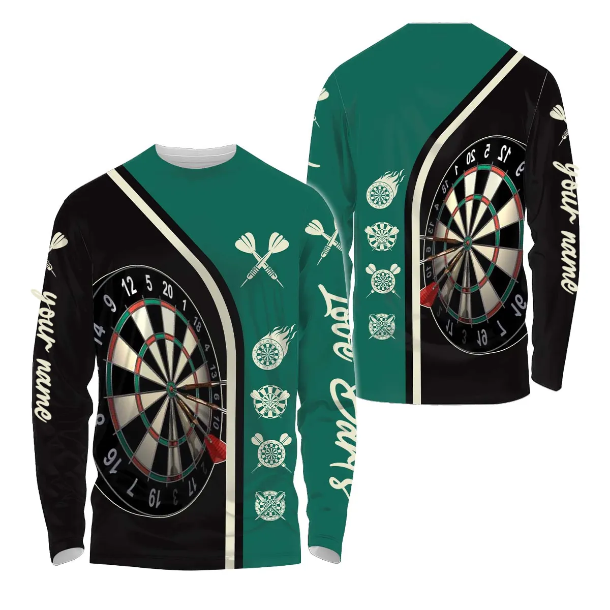 Personalized Name Black and Green Dartboard 3D Long Sleeve, Dart Shirt Lovers