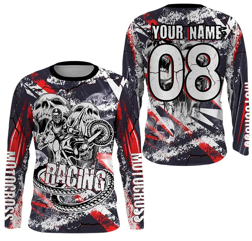 Personalized Racing Long Sleeve Jersey UV Protect, Dirt Bike Long Sleeves Skull Motocross Racewear