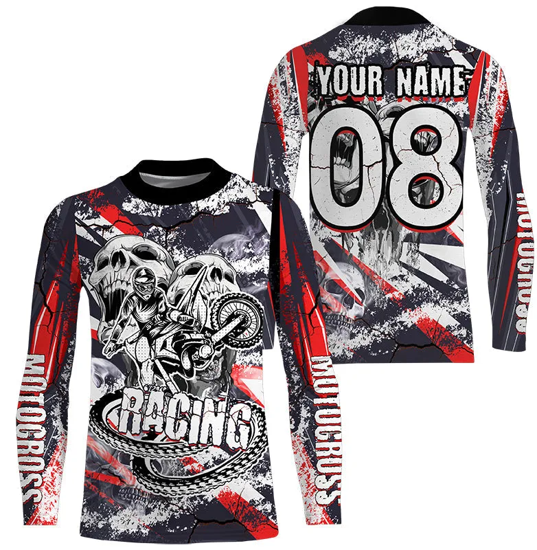 Personalized Racing Long Sleeve Jersey UV Protect, Dirt Bike Long Sleeves Skull Motocross Racewear