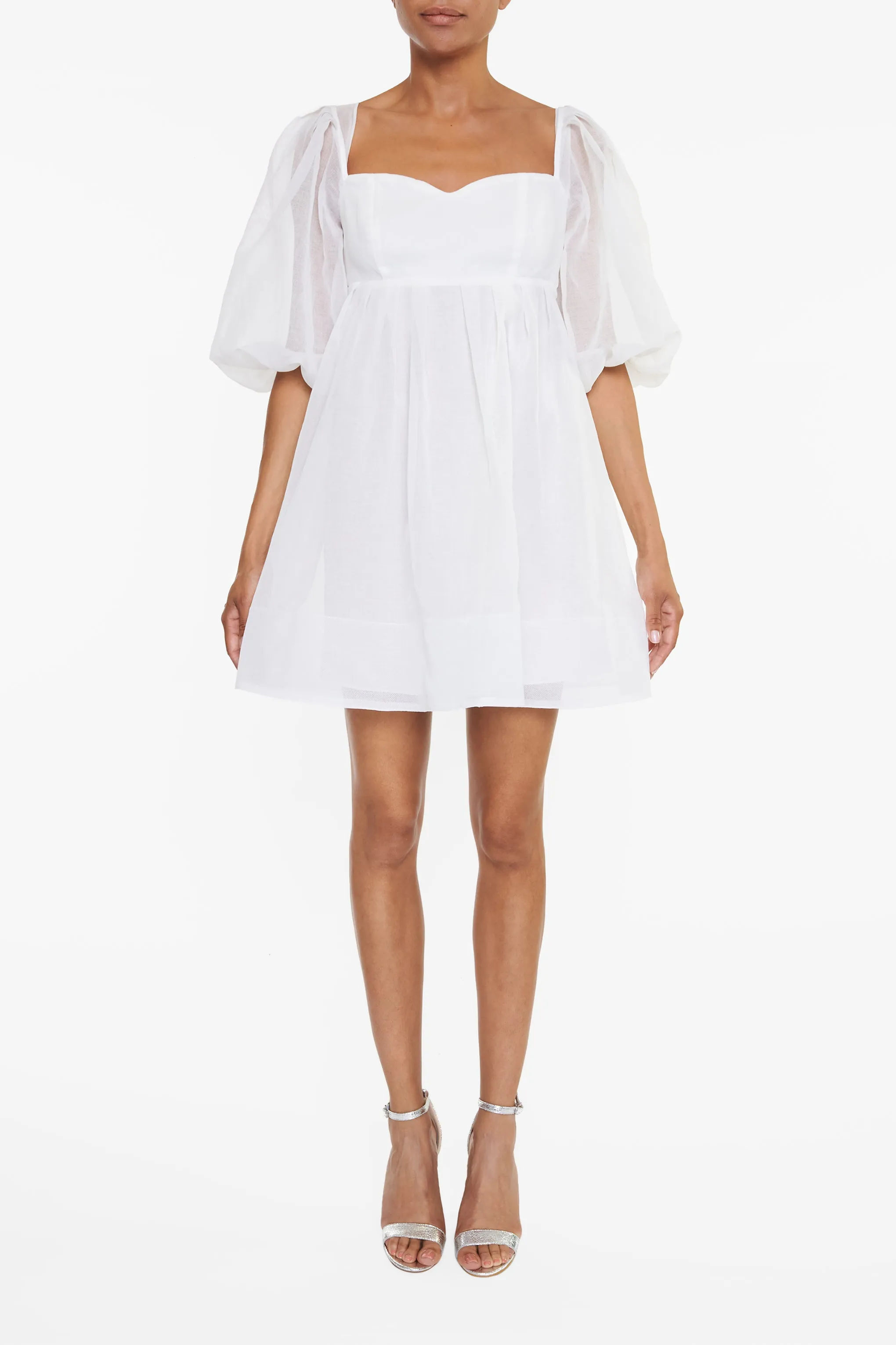 Sabrina White Puff-Sleeve Babydoll Mini-Dress