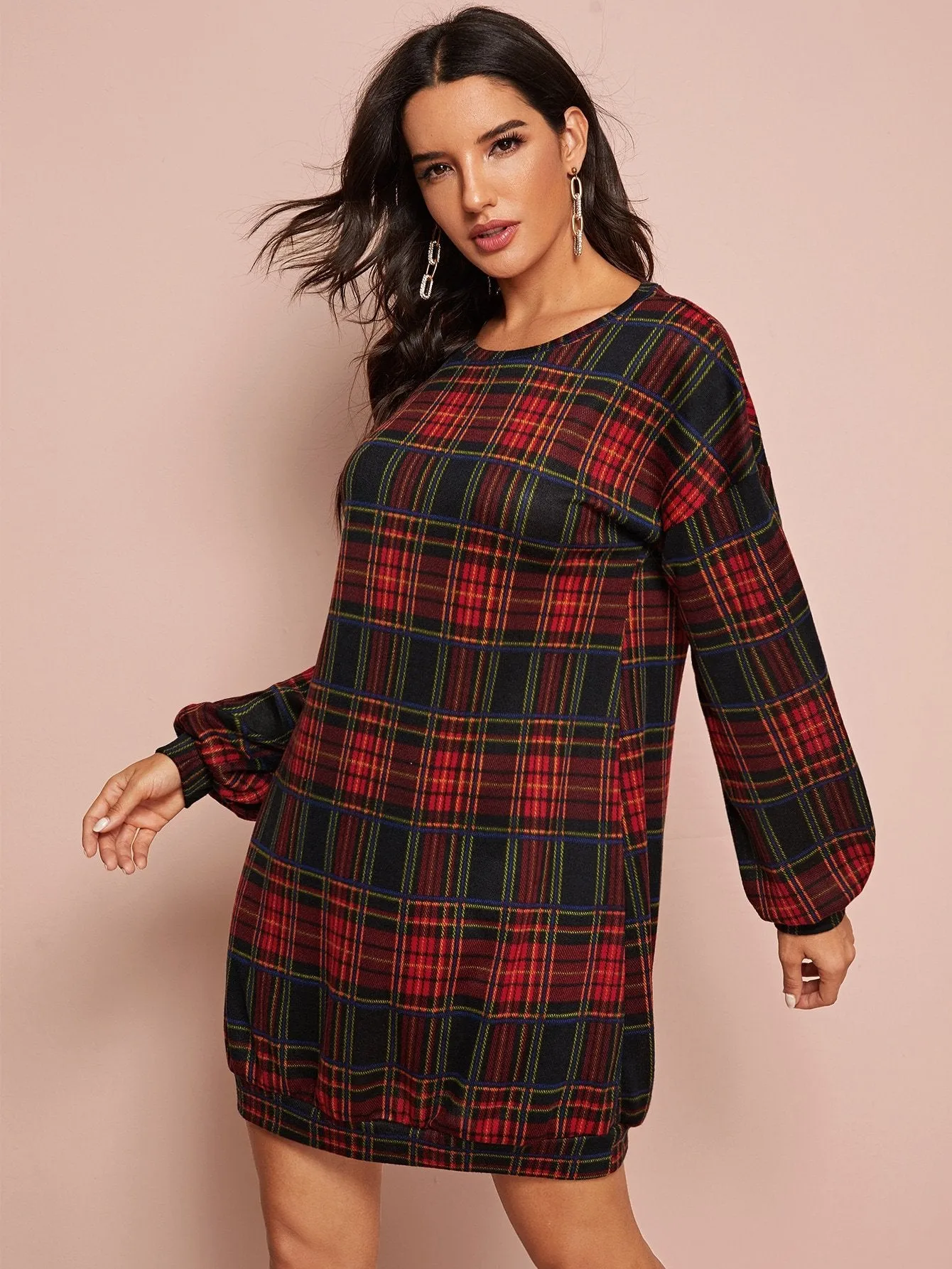 Tartan Print Bishop Sleeve Sweatshirt Dress